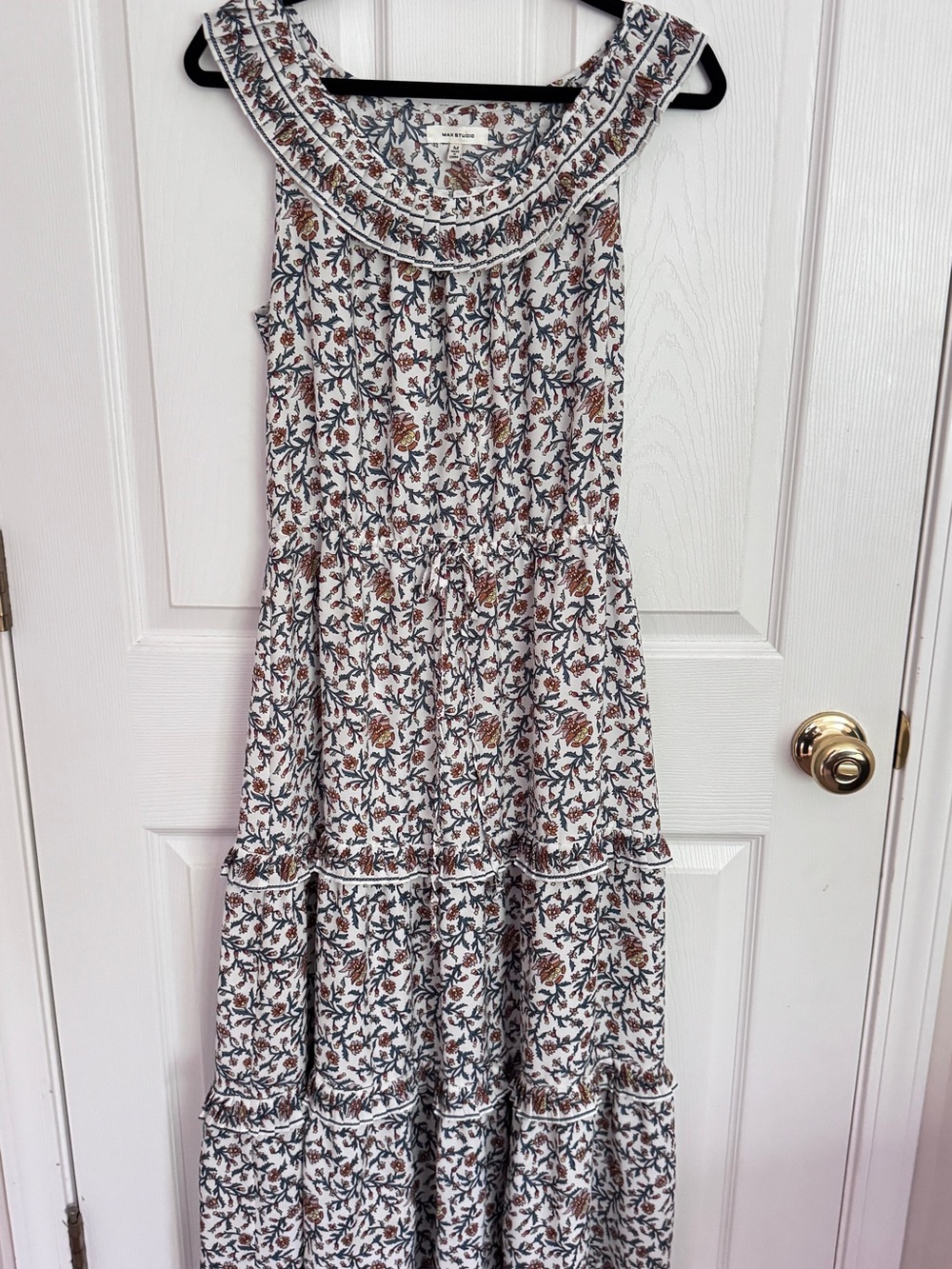 Max Studio White Floral Maxi Dress with Brown & Green Accents